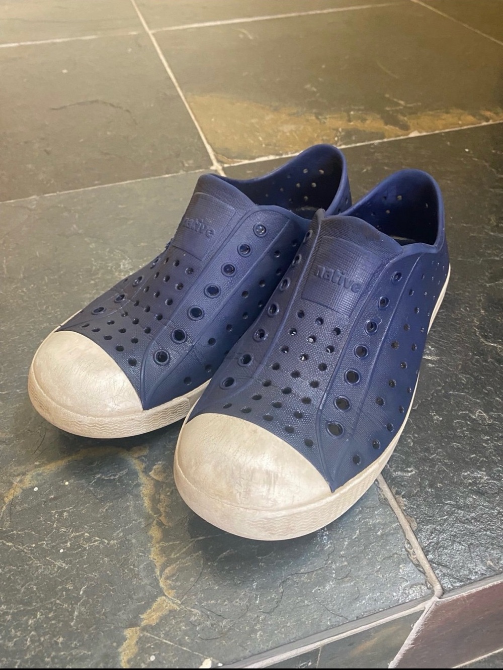 Native Jefferson Navy Blue Slip-On Sneakers with White Toe Caps J2